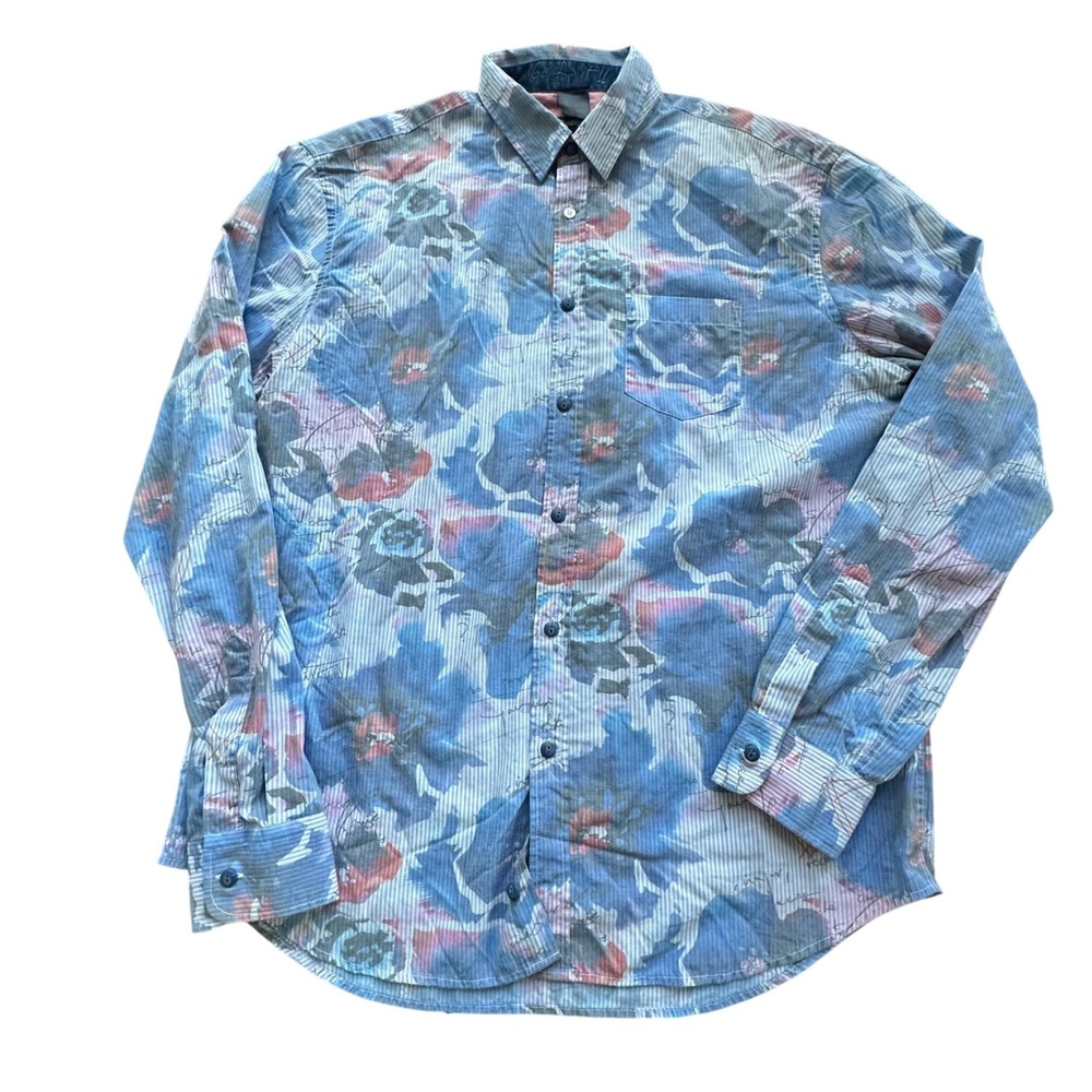 Desigual Man Floral Button Down Shirt Blue XL Script Graphic LongSleeve
